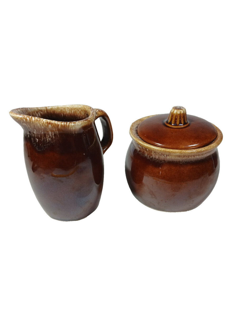 Vintage Hull Oven Proof Pottery Brown Drip Glaze Creamer and Sugar Bowl Set USA